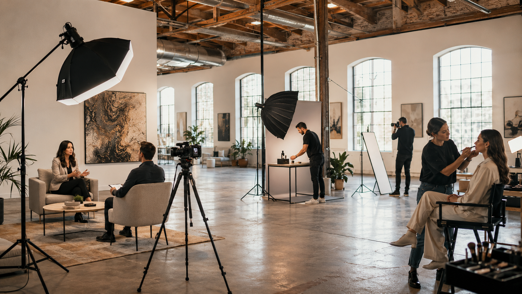 Set creativo in loft con luci, telecamera, make-up e shooting in corso