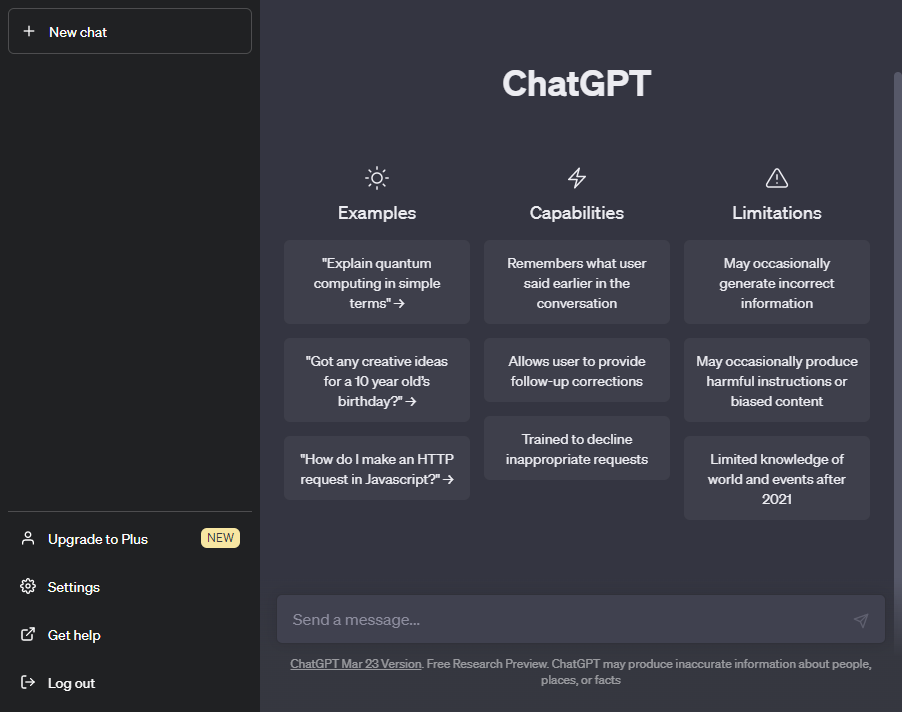 La prima interfaccia di ChatGPT con il campo di conversazione